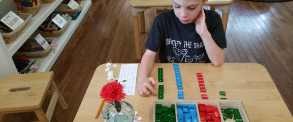 The boy concentrates in learning all about numbers